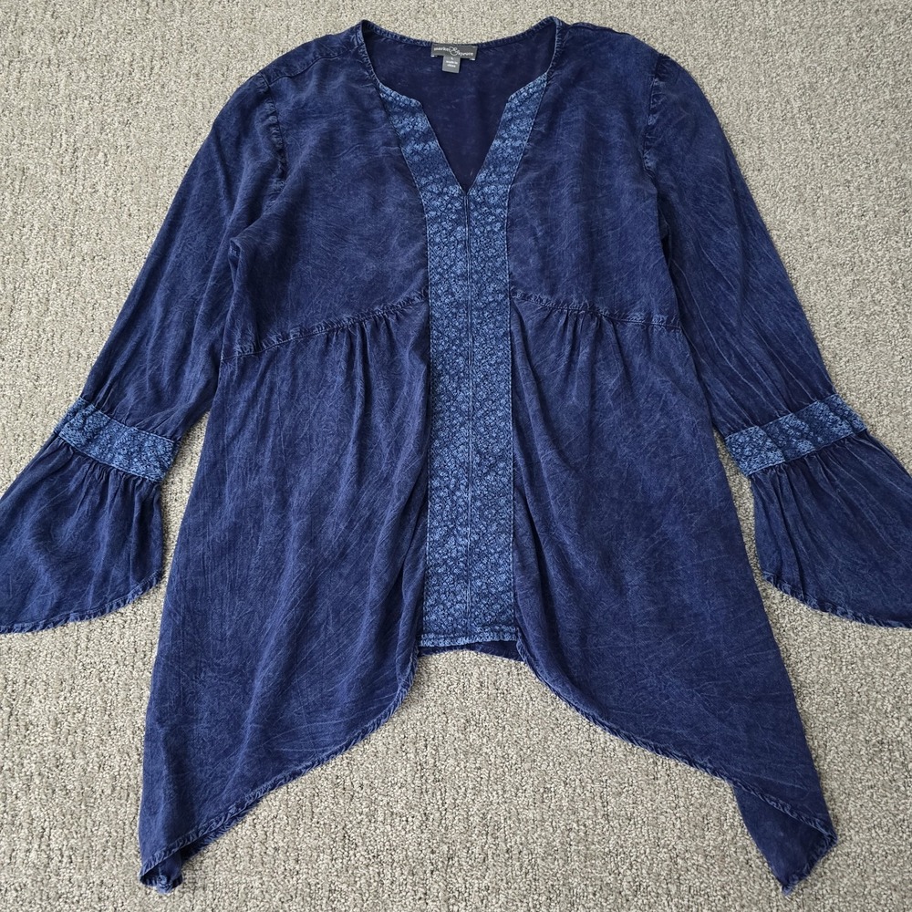 Boho Bell Sleeve Tunic Top Blue Stone Wash Asymmetrical Lagenlook L Festival
